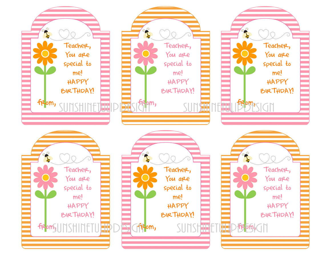 Printable Teacher Birthday Gift Tags, Happy Birthday Printable Teacher Tags by SUNSHINETULIPDESIGN - Sunshinetulipdesign