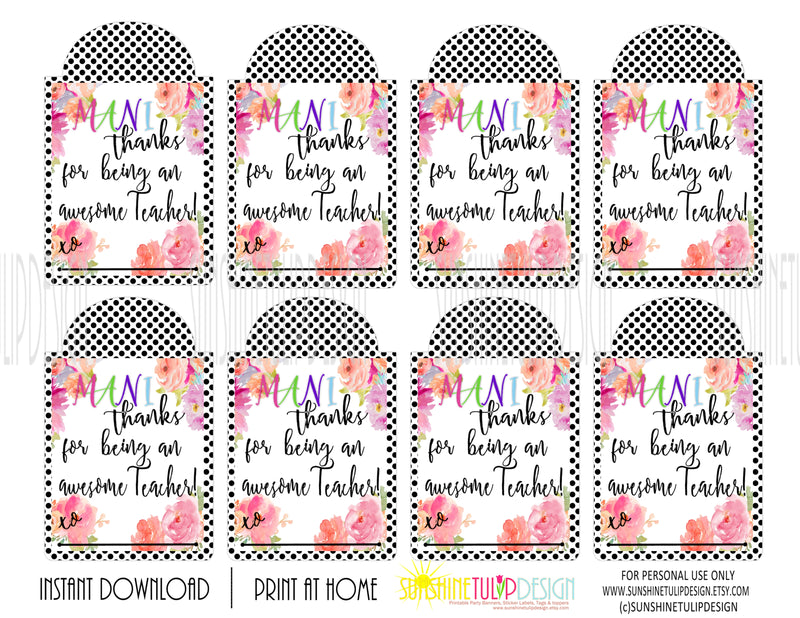 Printable Teacher Appreciation Mani Thanks Gift Tags, Nail Polish Appr ...